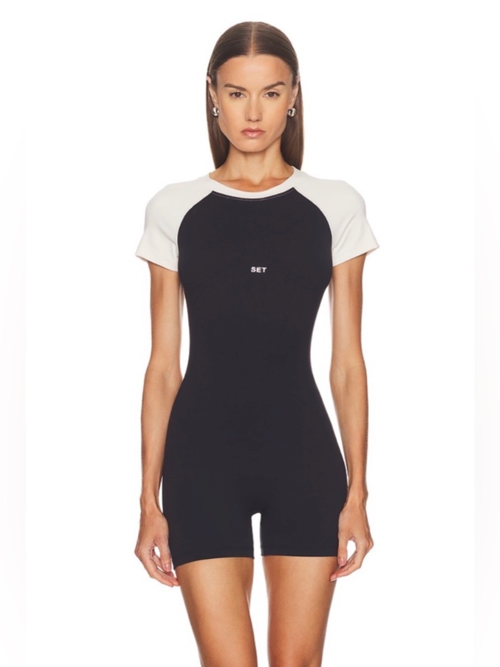 SET Active Two-Tone Short Romper - Black with Cream Sleeves